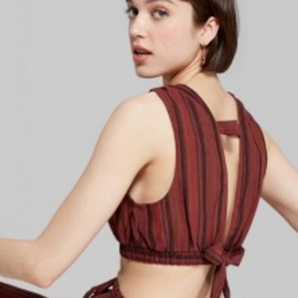 Wild Fable Striped V-Neck O Ring Tie Back Crop Top Red - Picture 4 of 9